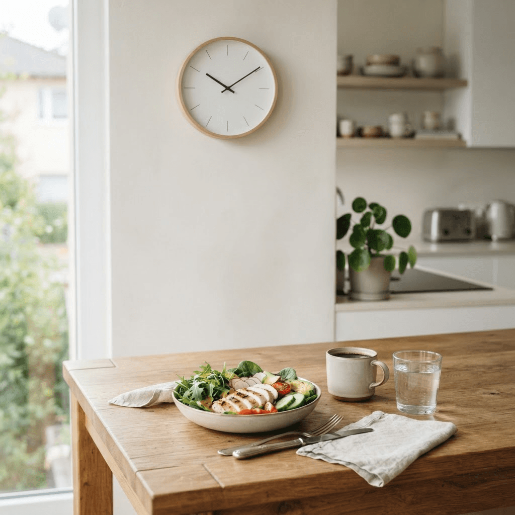 Bright kitchen with a wall clock beside a table set with a grilled chicken salad, black coffee and water, representing a time-restricted eating window