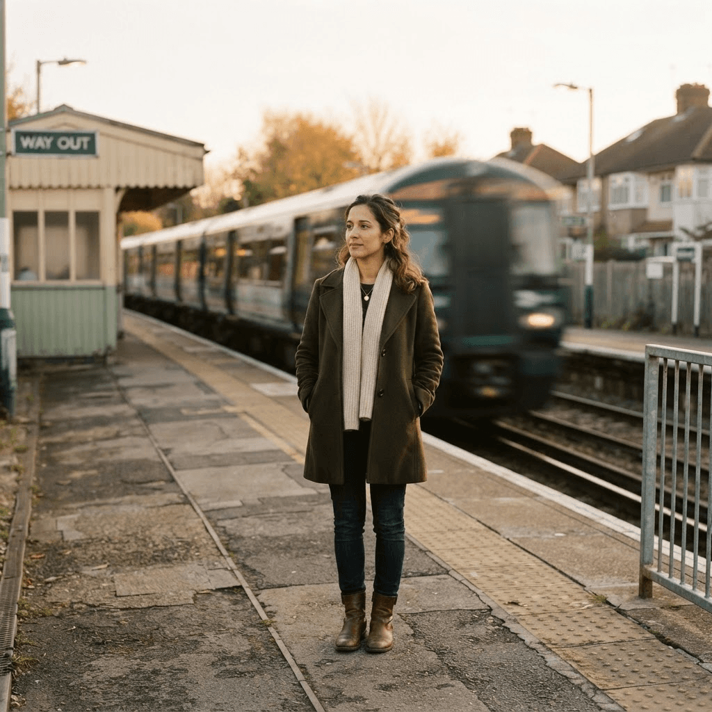 Person standing calmly on a quiet train platform in warm evening light as a blurred train passes behind them