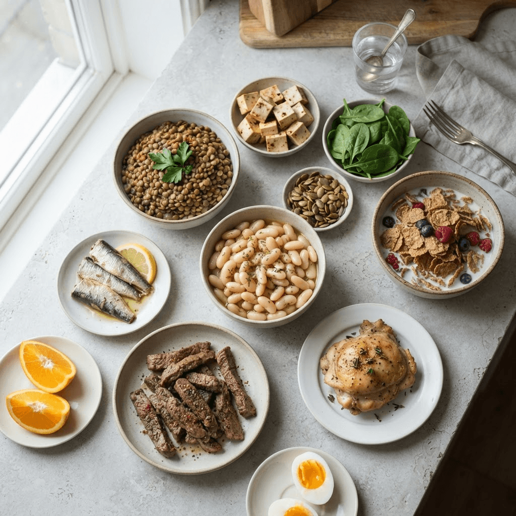 Lentils, beans, tofu, seeds, spinach, cereal, lean beef, sardines, eggs and oranges arranged as iron-rich foods