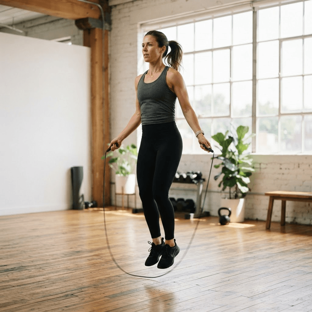 Woman mid-jump during a jump rope workout in a bright home gym with dumbbells and a kettlebell in the background