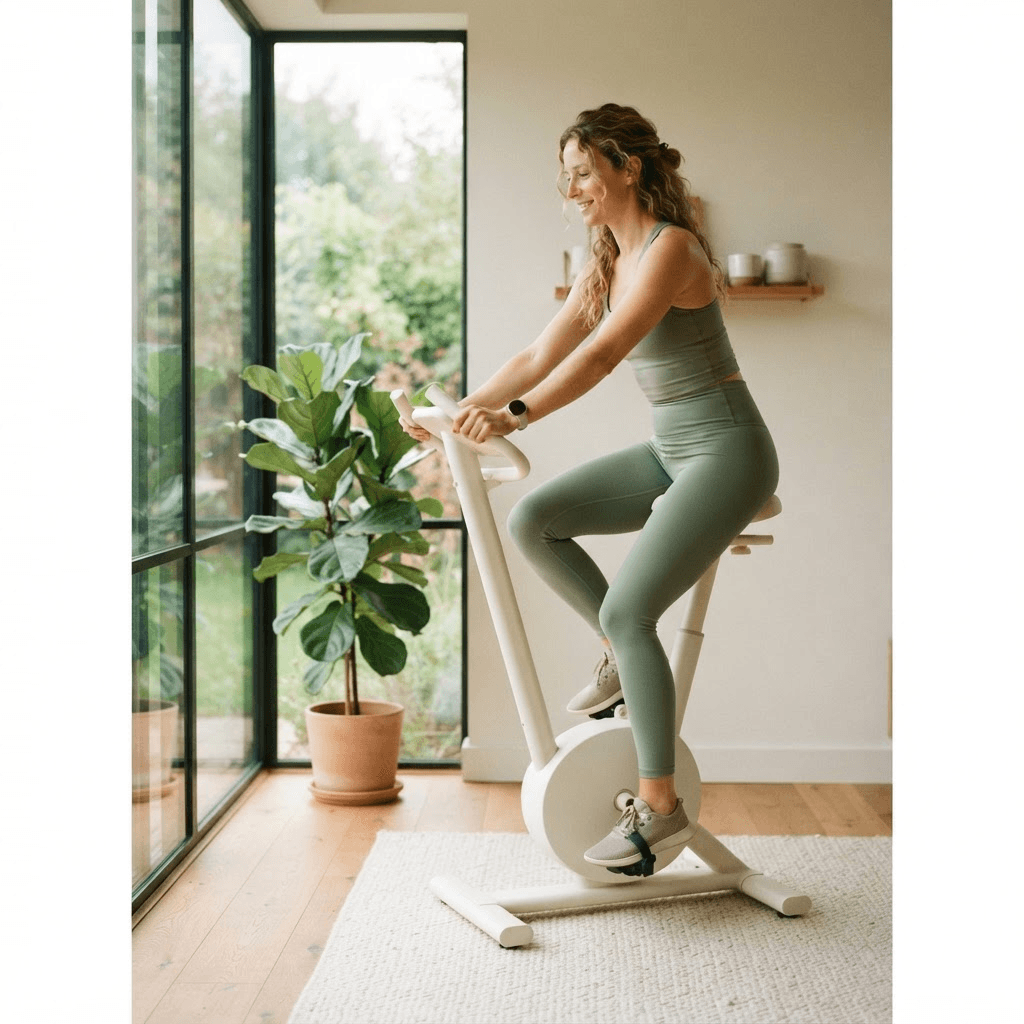 Woman cycling on a stationary bike with the saddle raised high to reduce knee bend during low impact cardio