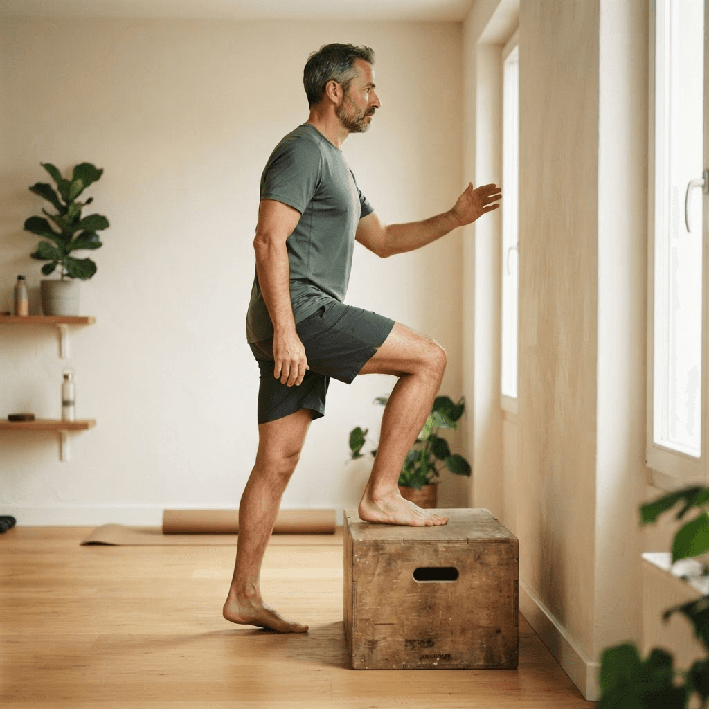 Man performing a low step-up with his knee tracking over the middle of his foot, a joint-friendly exercise for bad knees
