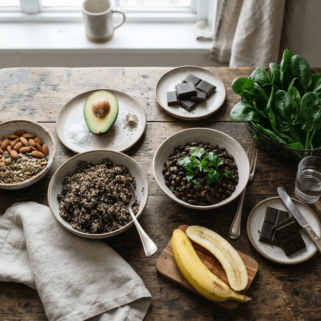Pumpkin seeds, almonds, black beans, spinach, avocado, dark chocolate, quinoa and banana arranged on a kitchen table