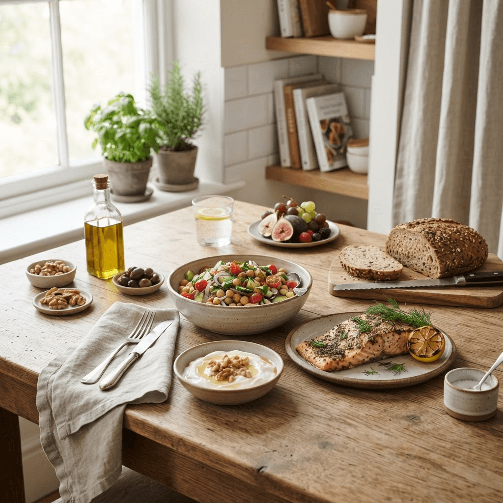 Mediterranean meal with grilled salmon, chickpea tomato salad, whole-grain bread, yogurt, olives, walnuts and fresh fruit