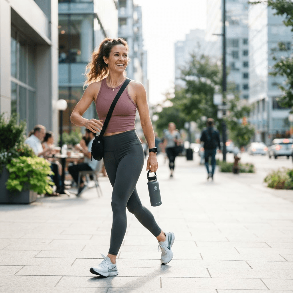 Woman walking briskly along a sunny city sidewalk in the morning, an example of the everyday movement that raises daily metabolism