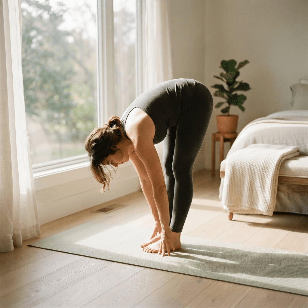 Woman performing a slow standing forward fold on a sage exercise mat beside a sunlit bedroom window during her morning stretch routine