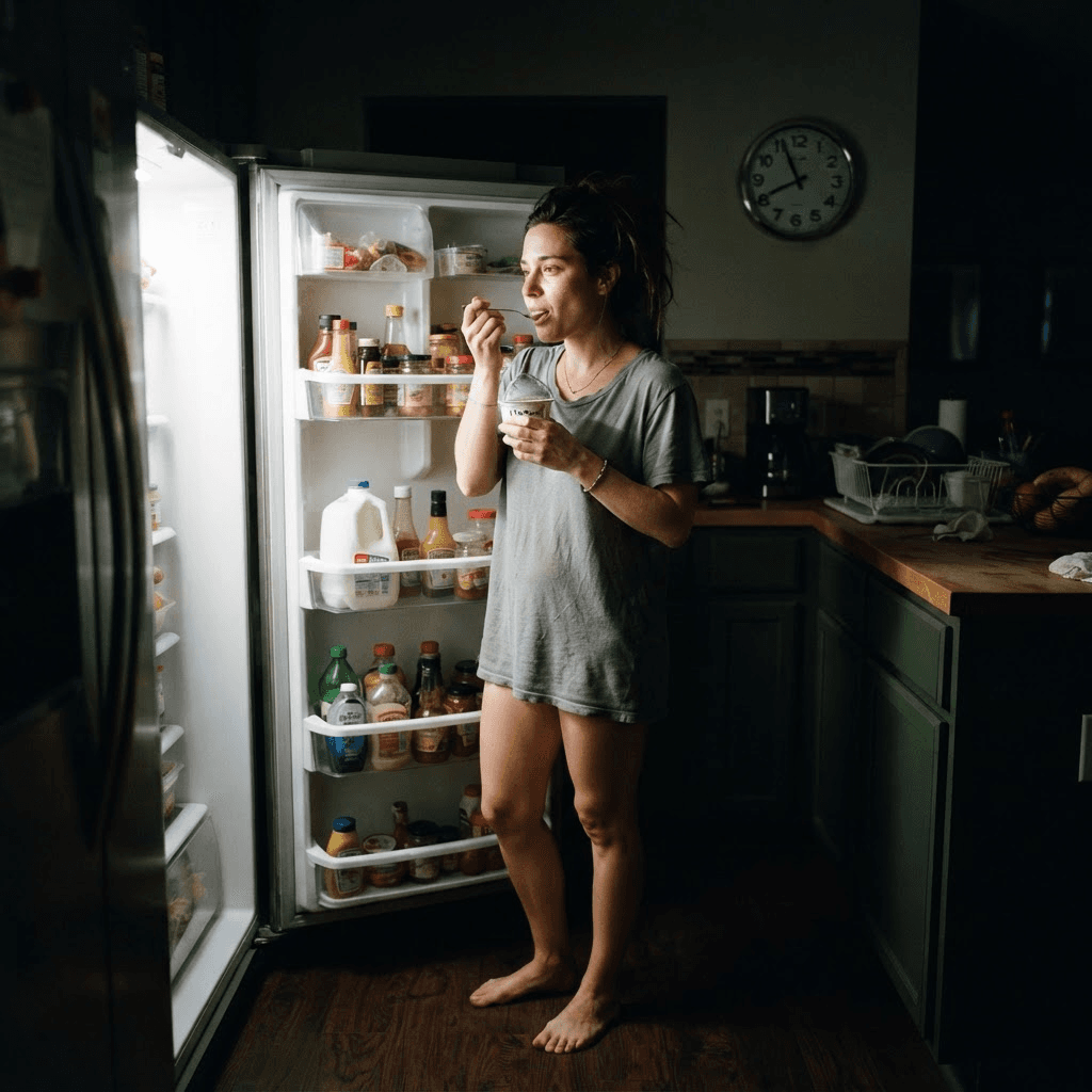 Woman standing at an open refrigerator late at night eating yogurt from the container in a dark kitchen