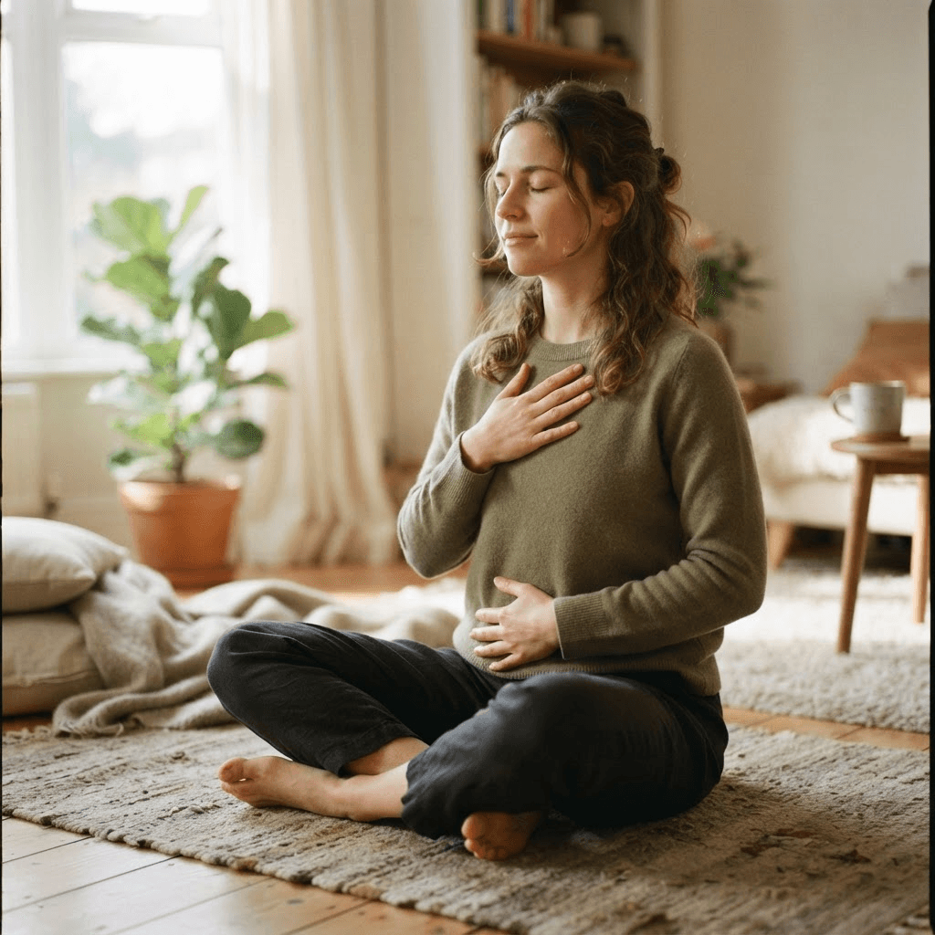 Person sitting on the floor at home in soft morning light with one hand on their chest and one on their belly, breathing slowly to regulate their nervous system