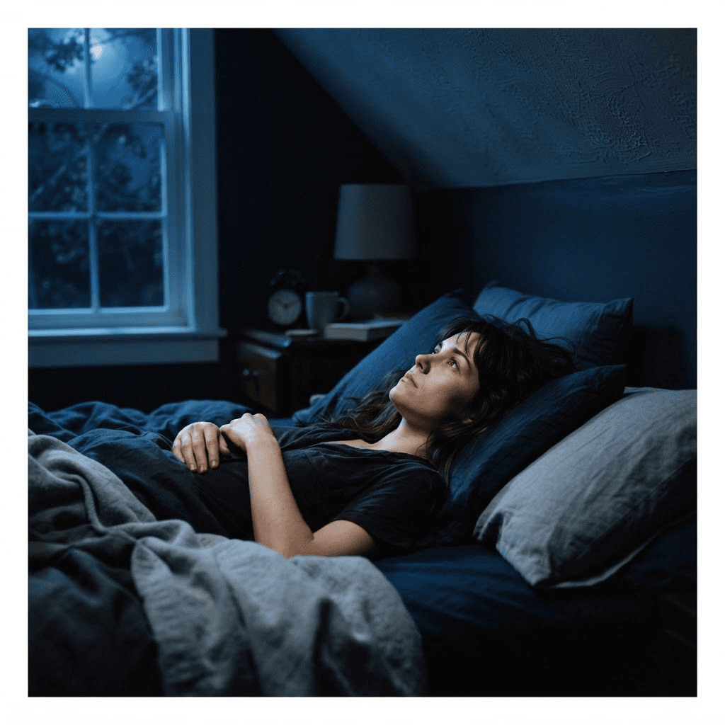 Person lying awake in bed at night staring at the ceiling in soft blue moonlight, unable to sleep because of anxiety