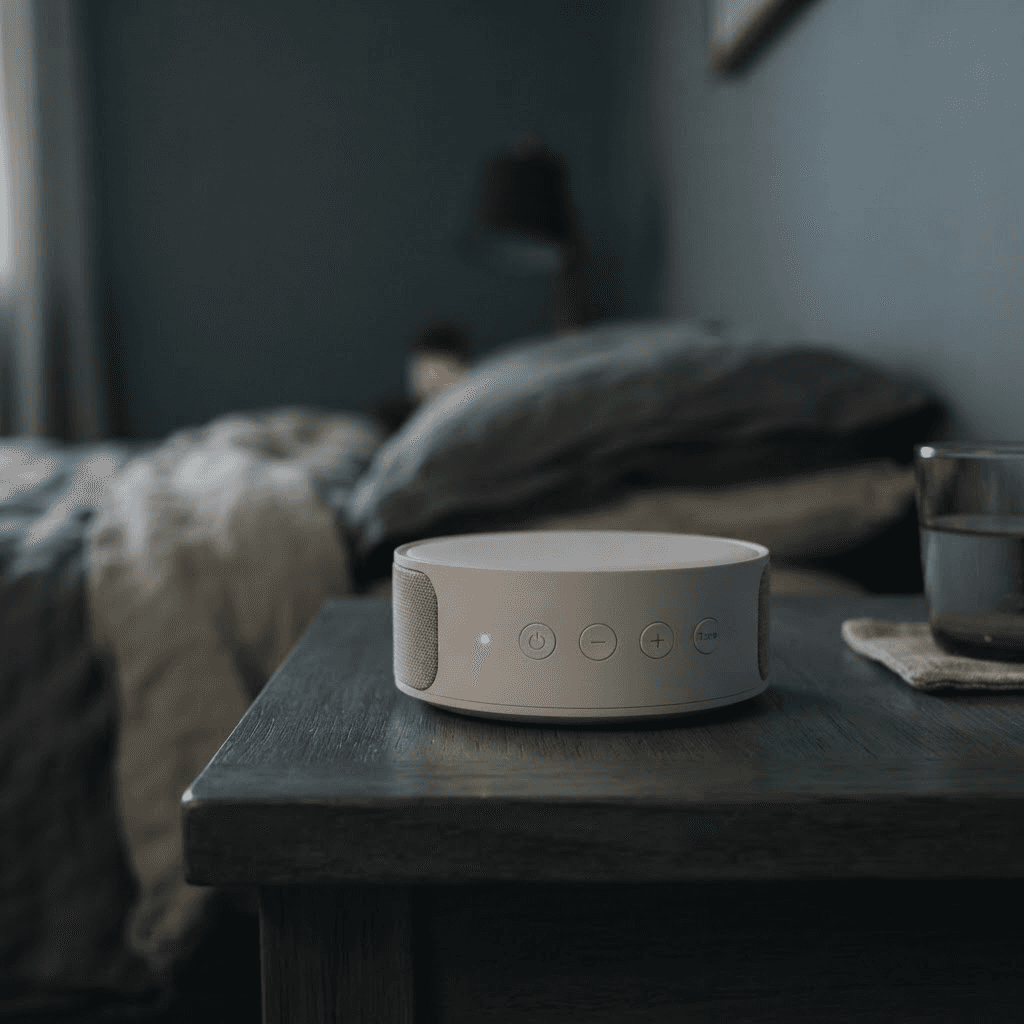 Close-up of a round white noise sound machine on a bedside table in a dim bedroom