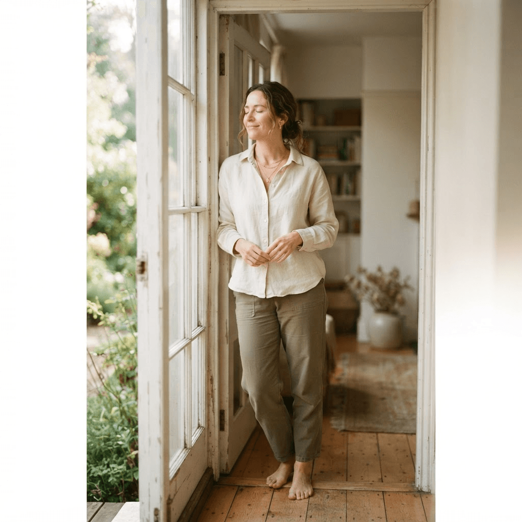 Person standing relaxed and at ease in a sunlit doorway of a calm home, shoulders down, peaceful expression