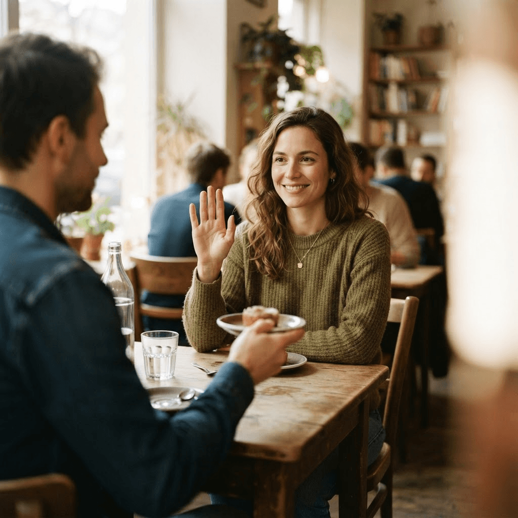 Calm person at a cafe table gently raising a hand in a polite "no thank you" gesture to someone across from them