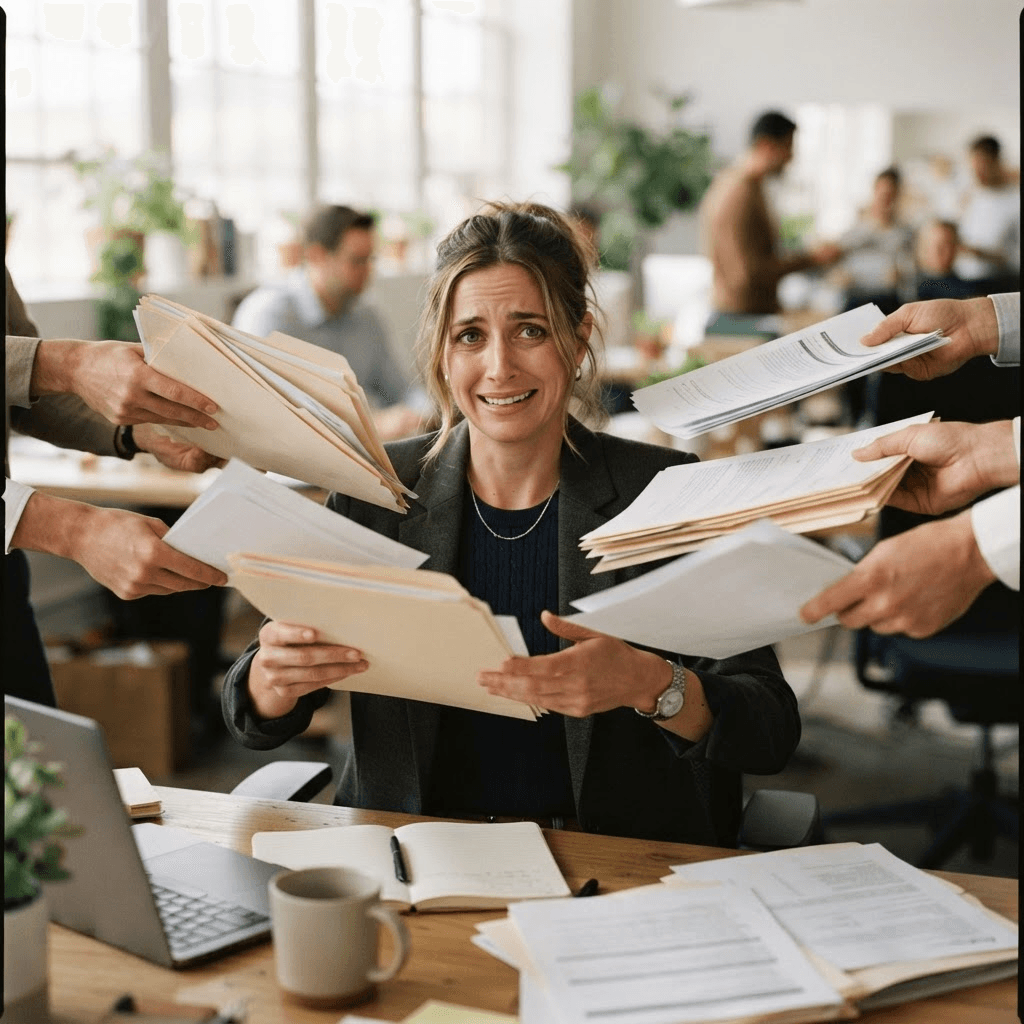 Person in an office looking politely overwhelmed as several hands pass them folders and papers at once