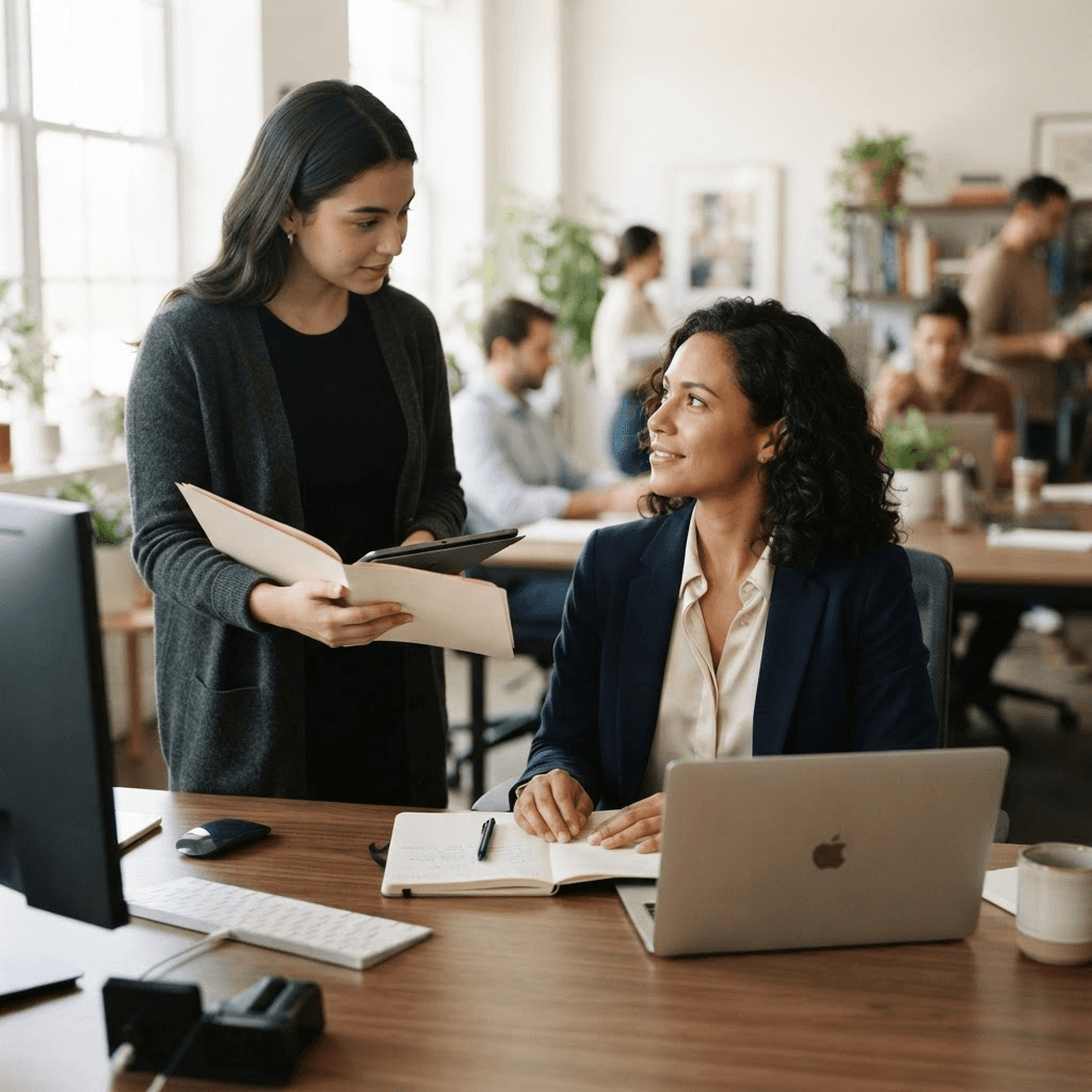 Composed person at a desk calmly and respectfully declining an extra task from a colleague standing beside them