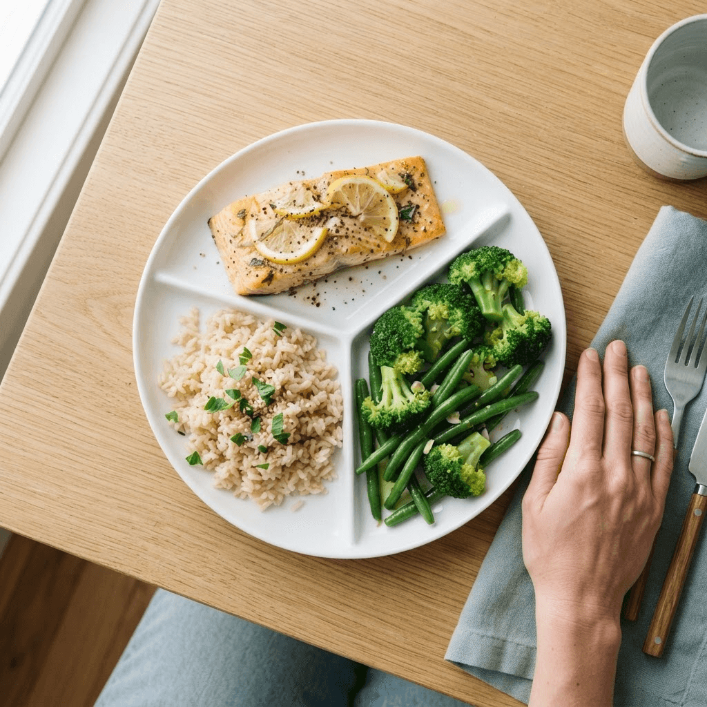 Overhead view of a balanced portion-controlled plate of salmon, broccoli and brown rice with a hand resting beside it for scale