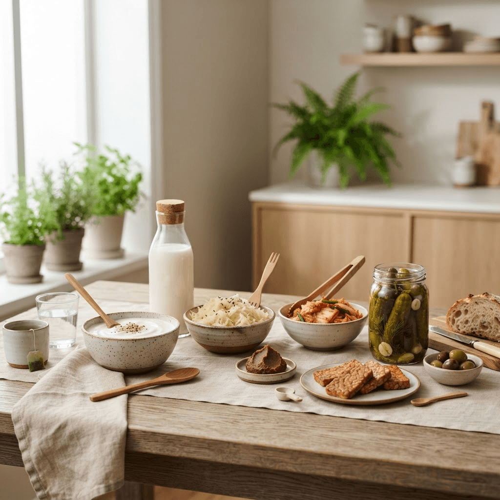 Yogurt, kefir, kimchi, sauerkraut, miso, tempeh and fermented pickles arranged on a bright kitchen table