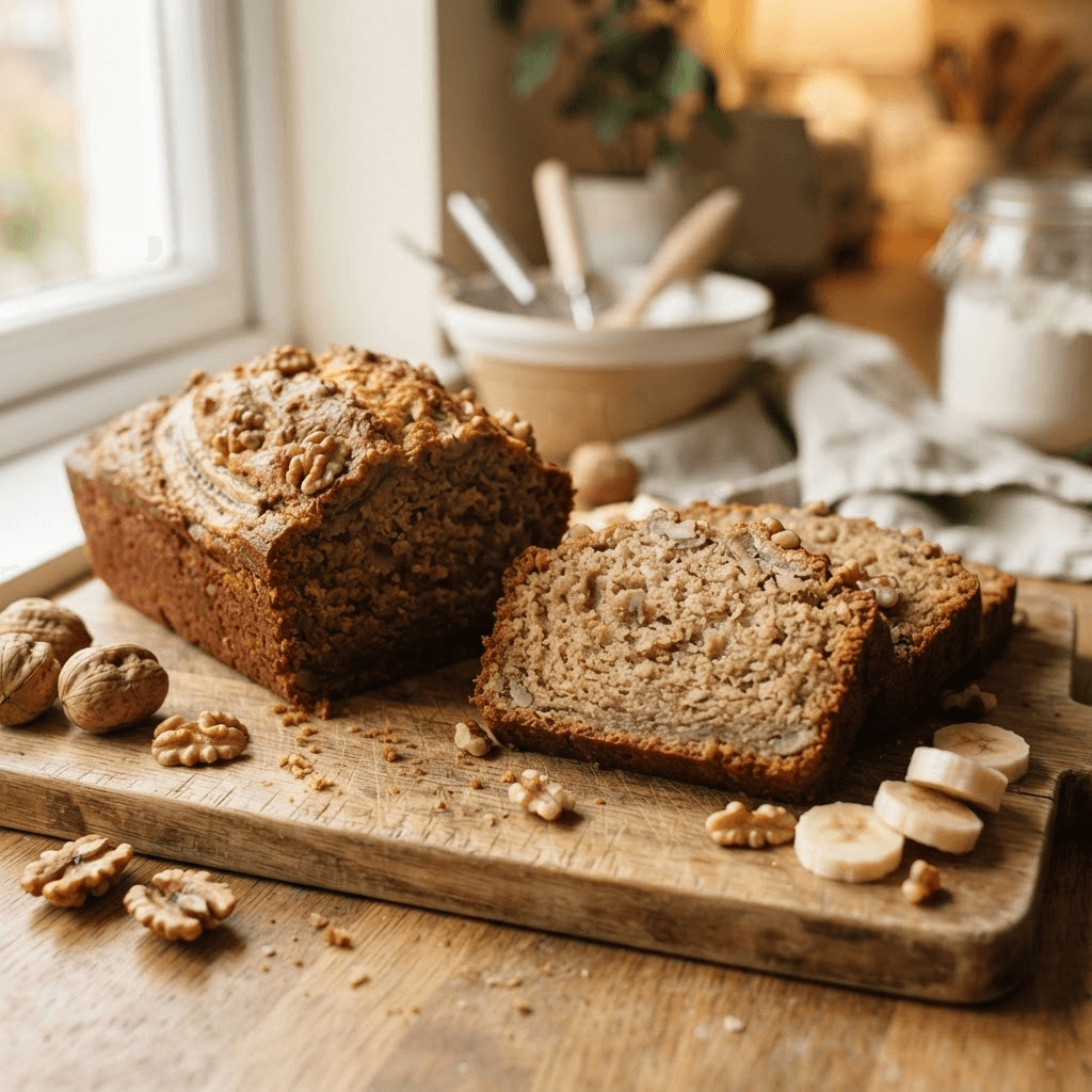 Golden high-protein banana bread loaf on a wooden board with two thick slices cut to show a soft, moist crumb, surrounded by walnut pieces and banana slices