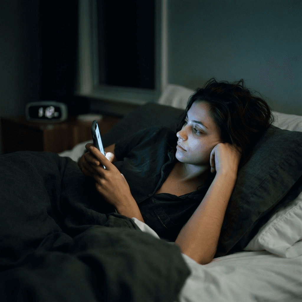 Tired young adult lying in bed after midnight scrolling a glowing phone in a dark bedroom