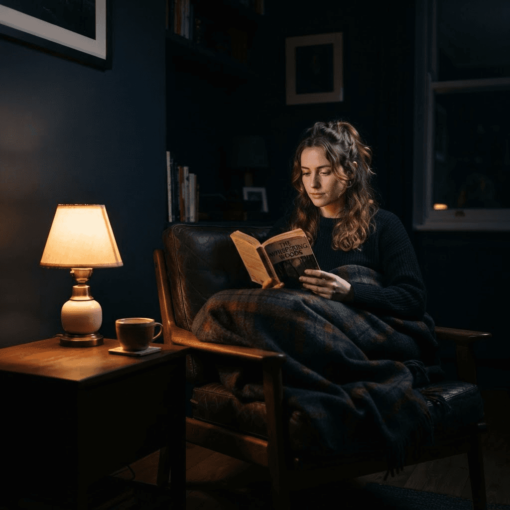 Person wrapped in a wool blanket reading a paperback book by a single dim warm lamp in a dark living room during a middle-of-the-night awakening