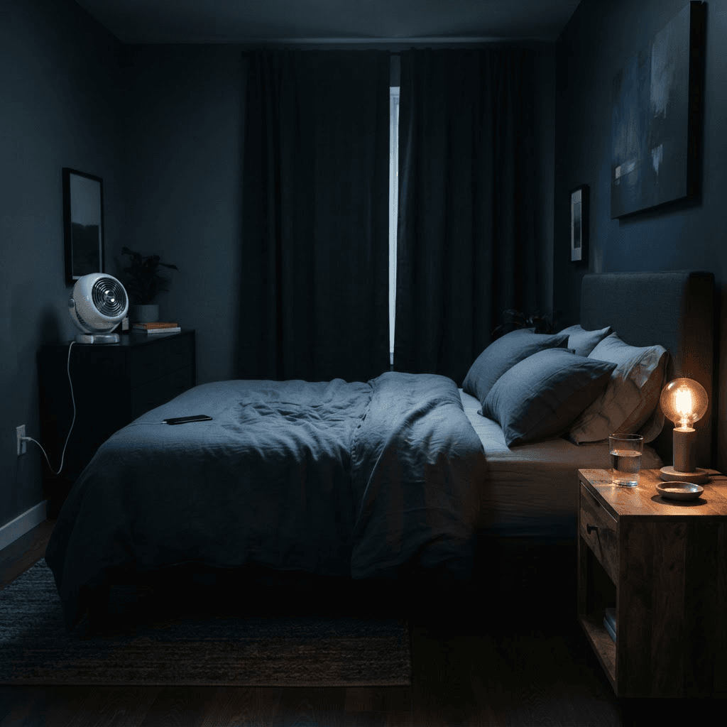 Dark cool bedroom set up for uninterrupted sleep with blackout curtains, light linen bedding, a fan and a phone charging face-down across the room