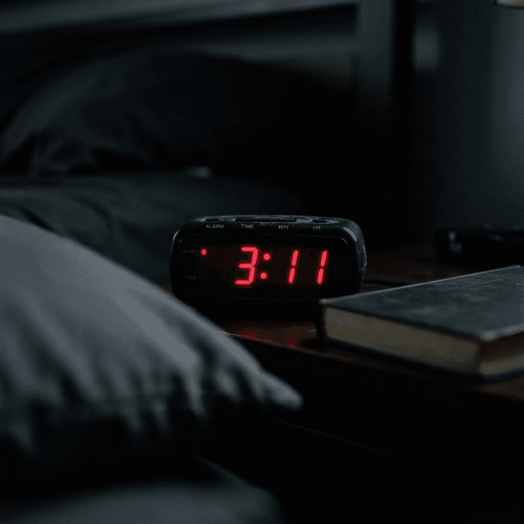 Digital bedside alarm clock glowing 3:11 in a pitch dark bedroom, the classic middle-of-the-night wake-up time