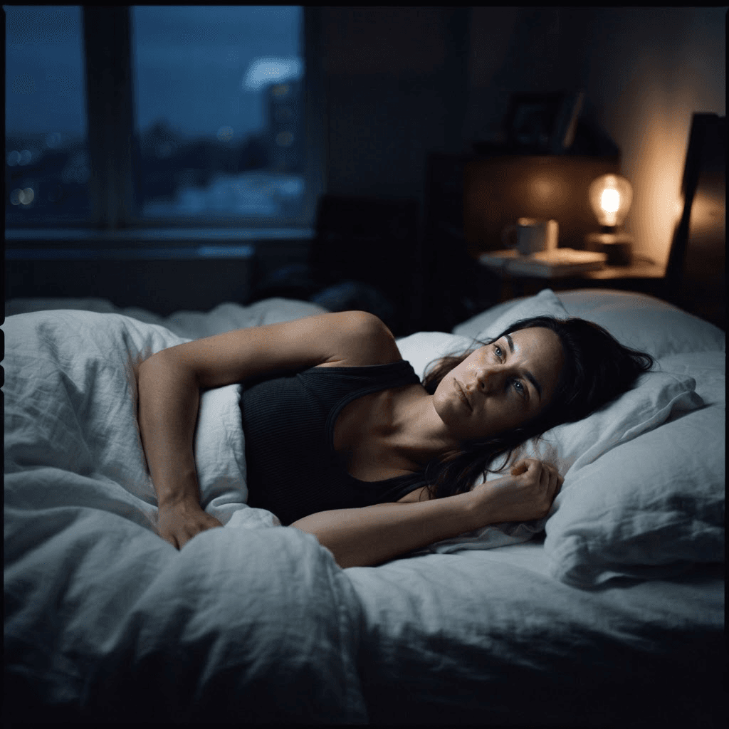 Woman lying awake in bed at 3am in a dark bedroom with pale moonlight across the duvet, unable to fall back asleep