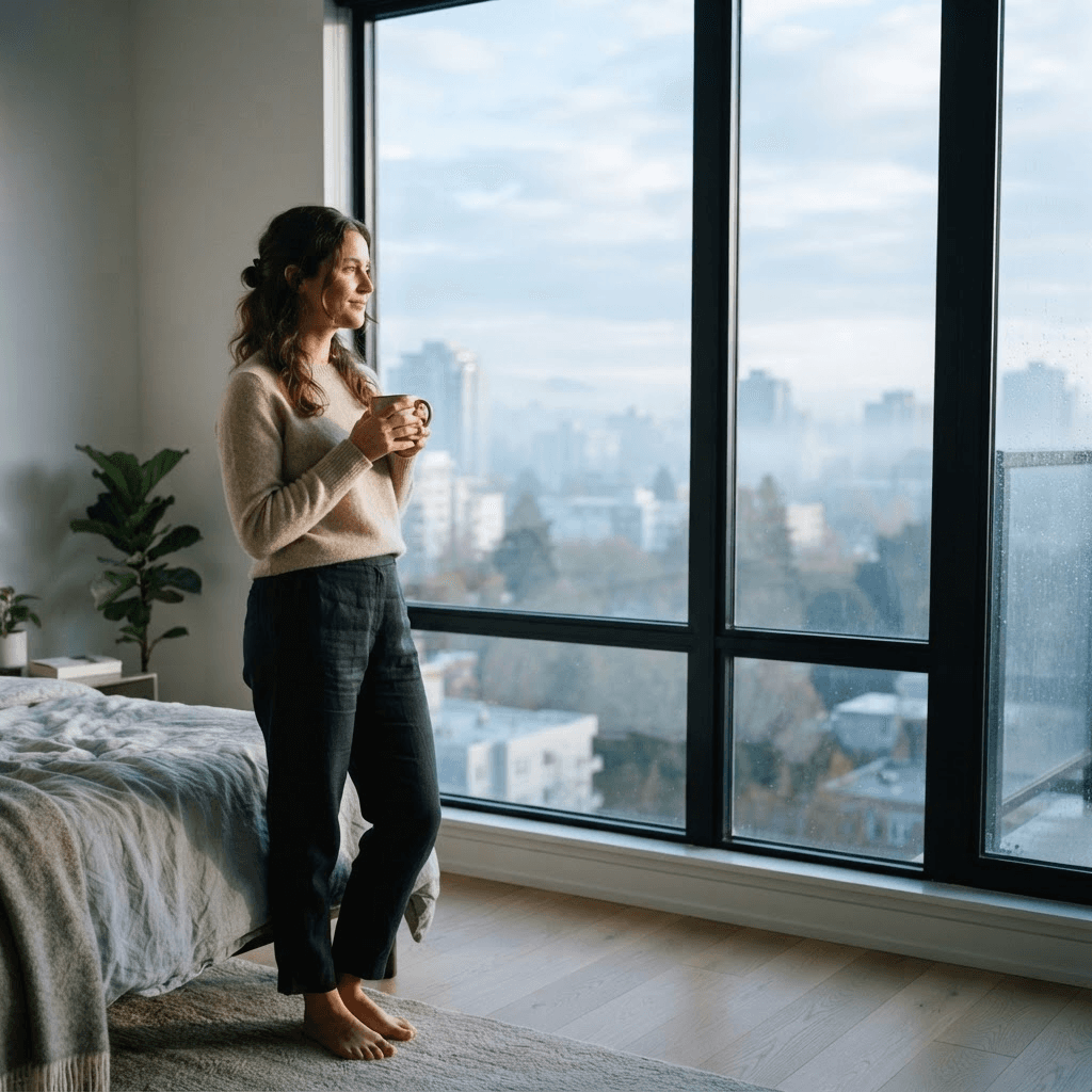 Person standing at a bright window in early morning holding a mug, getting daylight exposure to anchor their body clock and improve sleep