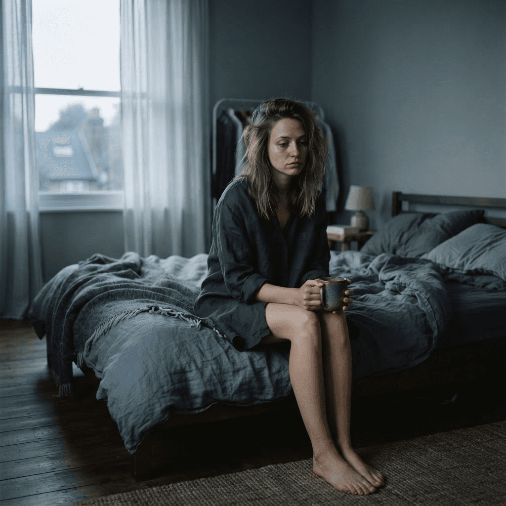 Tired person sitting on the edge of the bed at dawn holding a coffee mug in soft cool grey morning light, carrying accumulated sleep debt