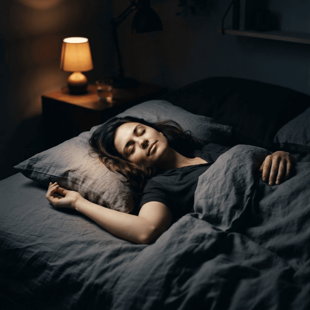 Calm person lying on their back in bed at night, deeply relaxed with arms resting loosely, practising the military sleep method in warm dim lamplight