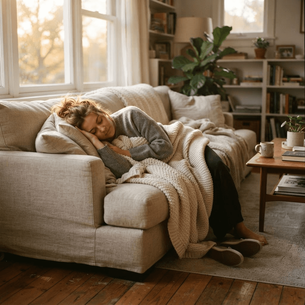 Person napping peacefully on a linen sofa under a light blanket in warm afternoon light, taking a short restorative daytime nap