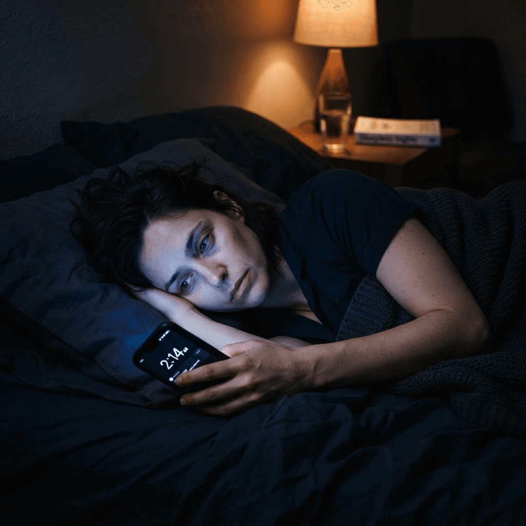 Tired adult lying awake in a dark bedroom late at night, face lit by a phone screen showing 2:14 a.m., illustrating a sleep schedule that has drifted out of sync