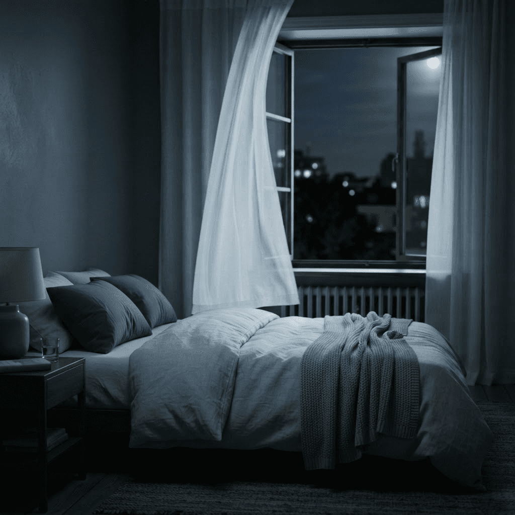 Cool slate-grey bedroom at night with a light duvet beside an open window and sheer curtains drifting in the night air
