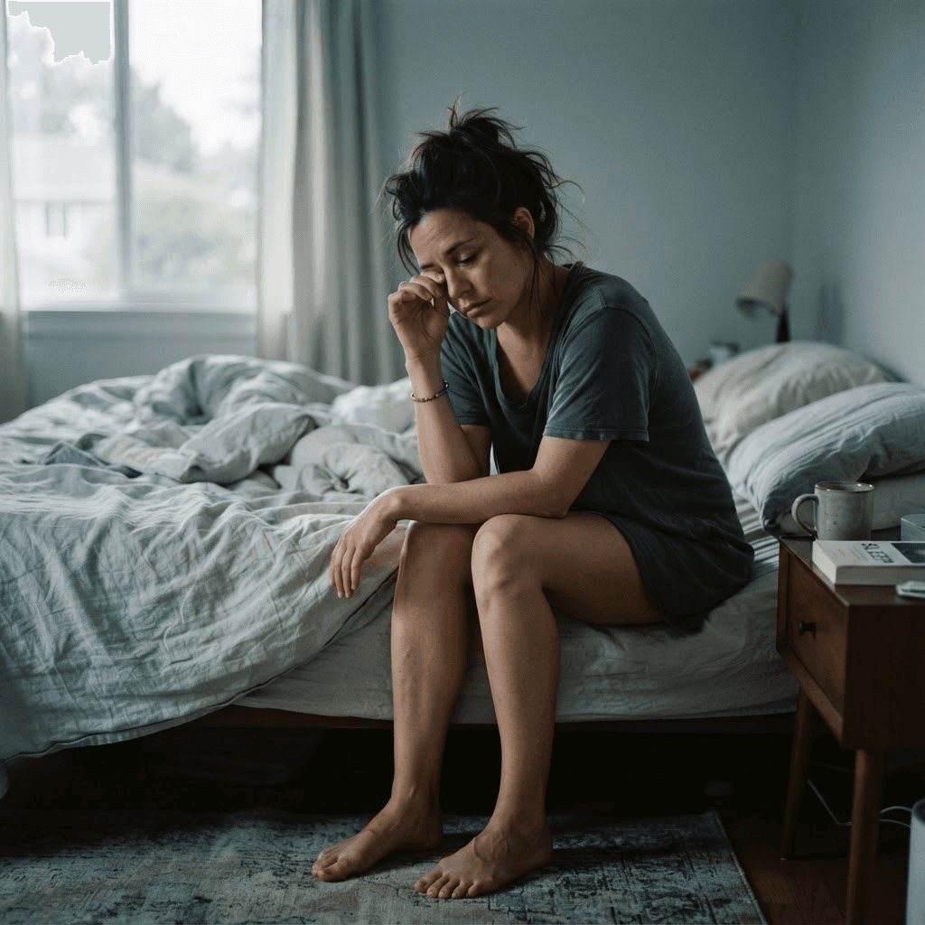 Tired woman sitting on the edge of her bed in morning light rubbing her eyes, exhausted despite a full eight hours of sleep