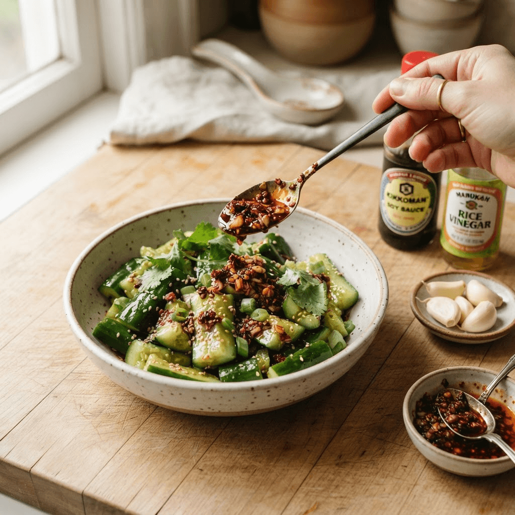 Small bowl of glossy chili crisp dressing being spooned over drained smashed cucumbers, with soy sauce, rice vinegar and garlic nearby