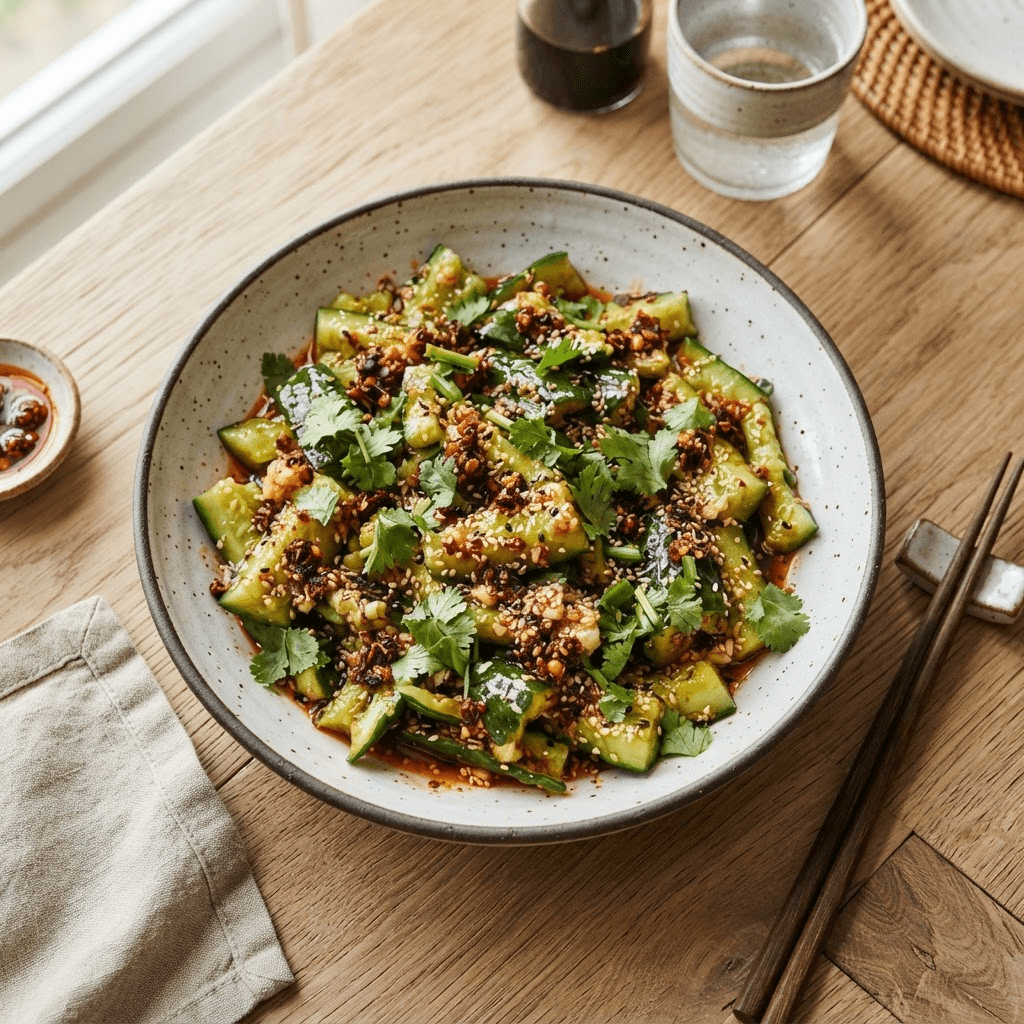 Bowl of glossy smashed cucumber salad with jagged cucumber pieces coated in chili crisp, garlic and toasted sesame seeds, garnished with cilantro