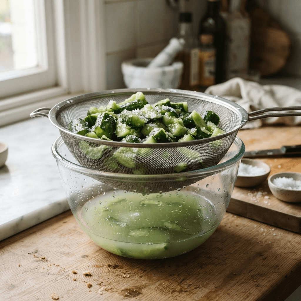 Smashed cucumber pieces salted in a metal colander set over a glass bowl, with a pool of drained water collecting below