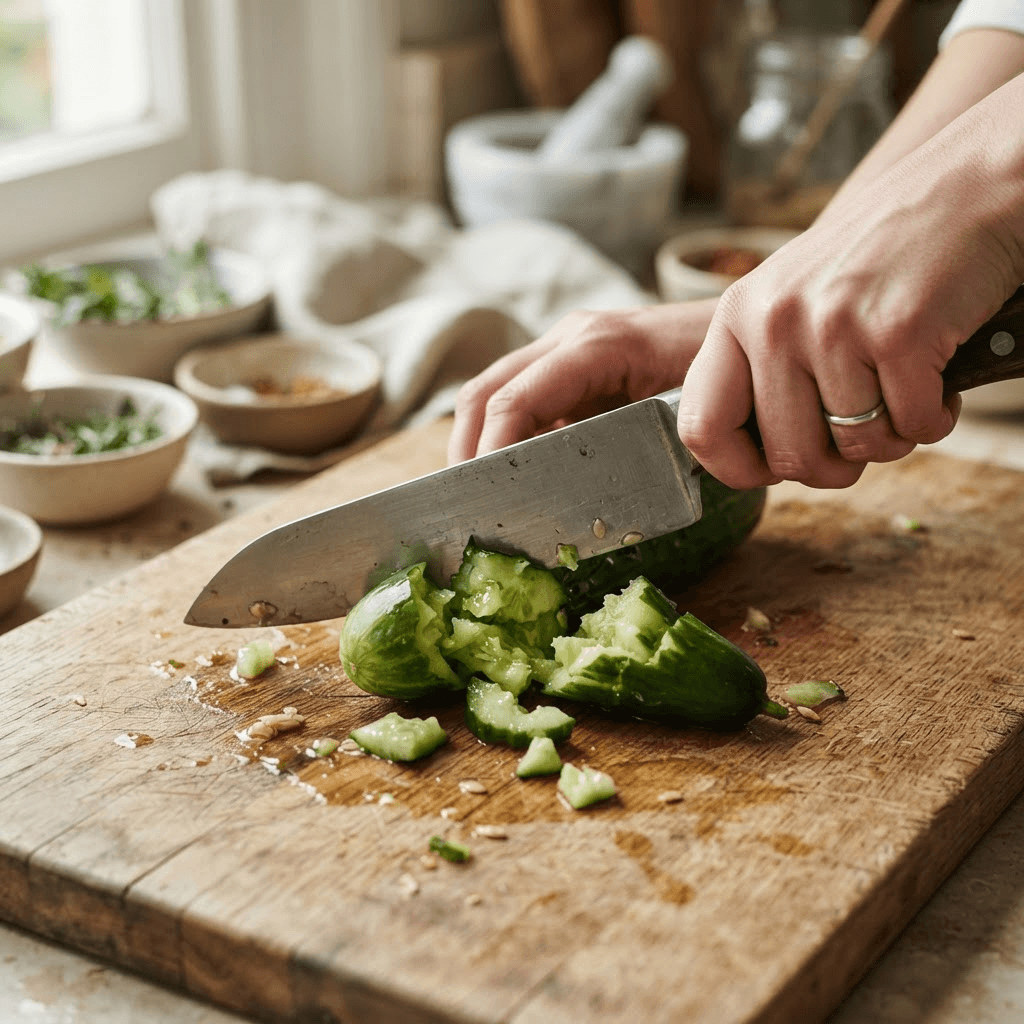 Hand pressing the flat side of a wide chef knife onto a whole cucumber on a wooden board, splitting it into jagged cracked pieces