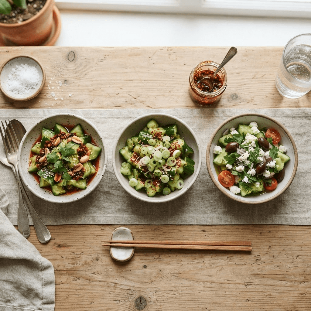Three small bowls of smashed cucumber salad side by side showing a red chili crisp version, a gochugaru version with spring onion, and a feta and herb version