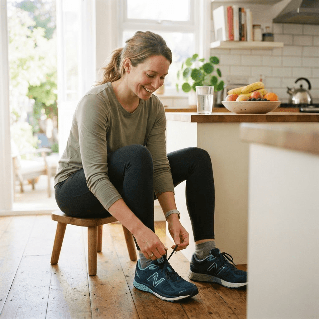A person lacing up their walking shoes in a sunlit kitchen doorway on the first morning of a weight-loss plan, with water and fruit on the counter
