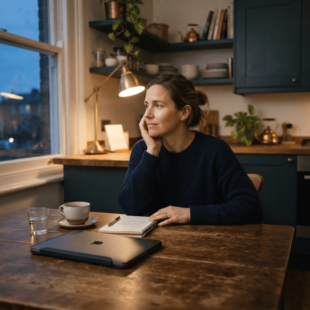 Adult pausing at a kitchen table beside a closed laptop in the early evening, reaching a stopping point after a busy day