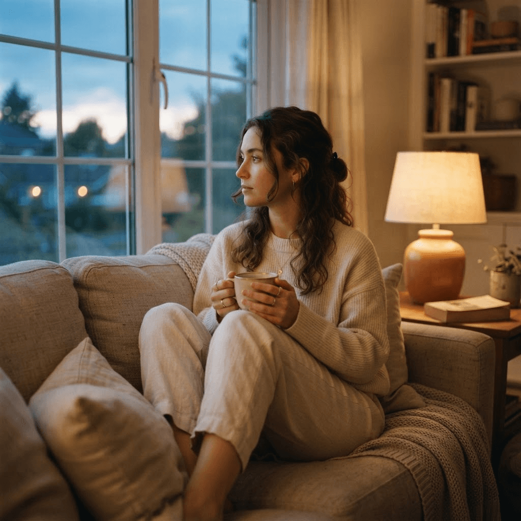 Person in loungewear sitting on a sofa on a Sunday evening holding a warm mug and looking out of a window at dusk