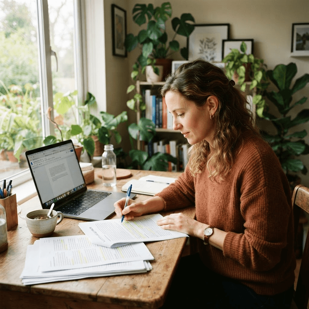 A health writer at a sunlit desk annotating printed research papers beside a laptop