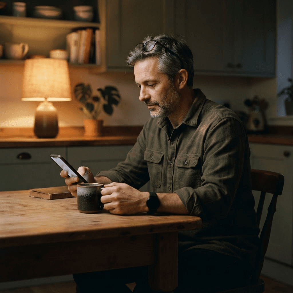 A man reading an article on his phone at a kitchen table in the evening with a cup of tea