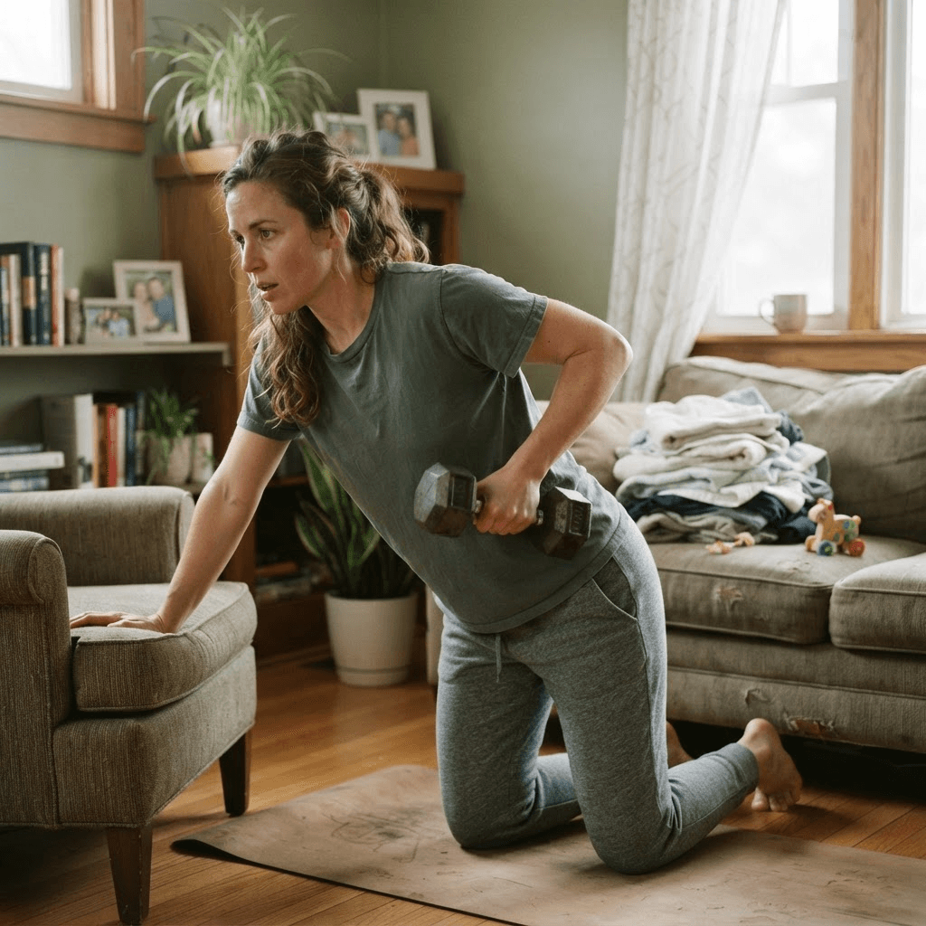 A woman finishing a short dumbbell set in the corner of her living room in the early morning