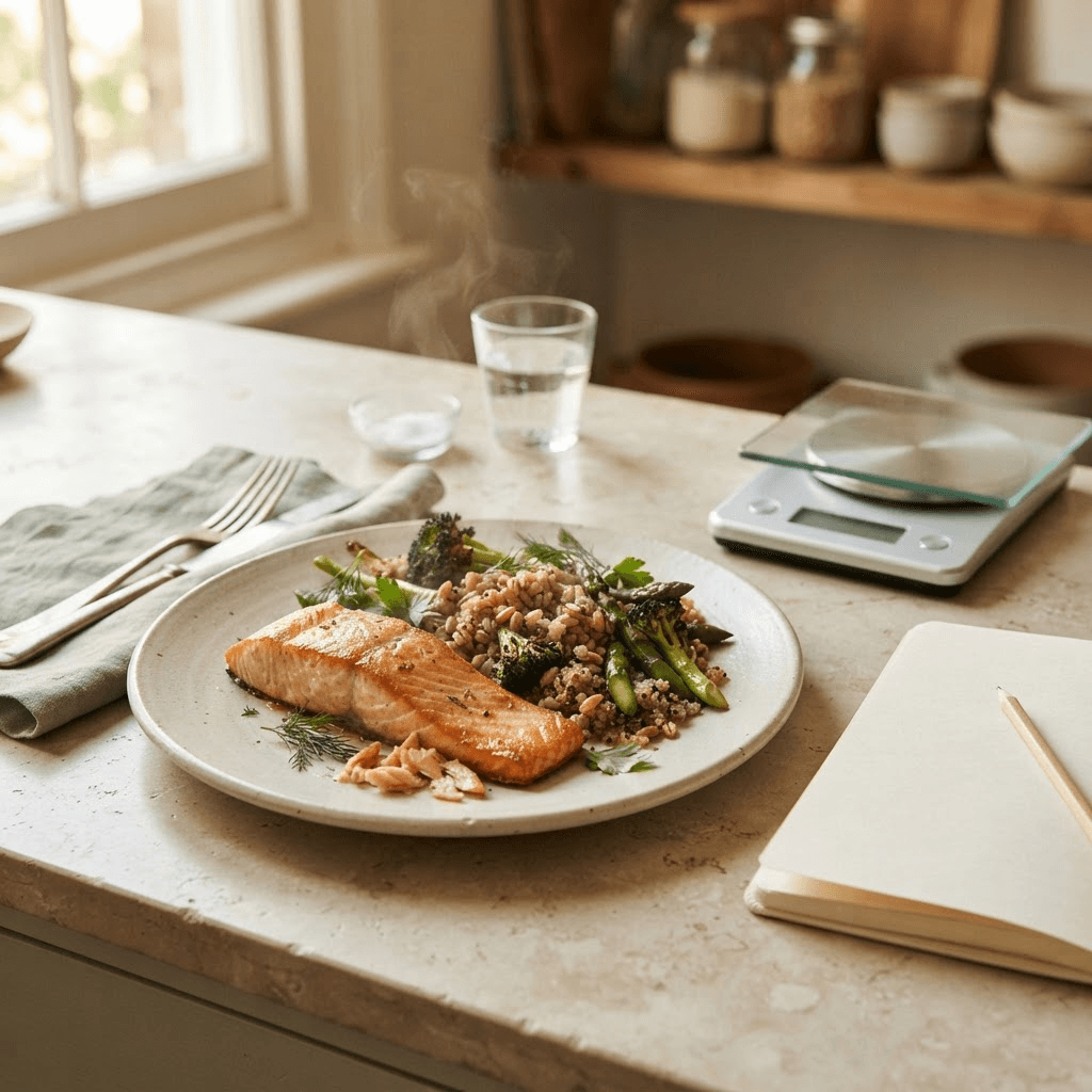 A simple weeknight plate of salmon, greens and grains on a kitchen counter beside a small scale and a notebook