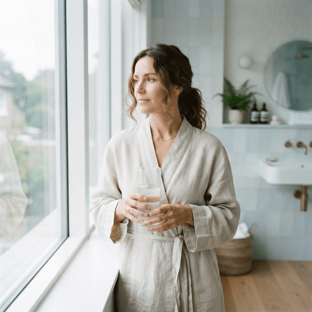 Woman in soft morning light by a window holding a tall glass of water