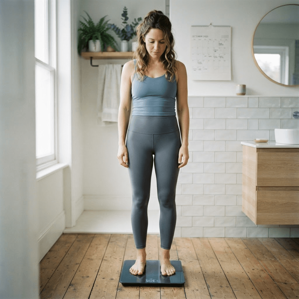 Person in athletic wear standing on a digital bathroom scale in a bright bathroom, looking down thoughtfully, with a wall calendar in the background