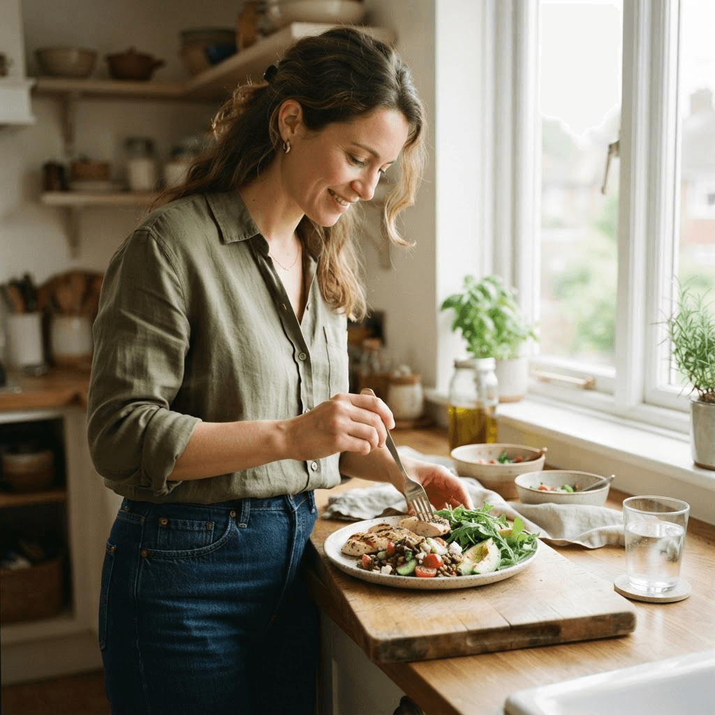 Woman plating a simple balanced lunch of chicken, lentils and salad at a sunlit kitchen counter