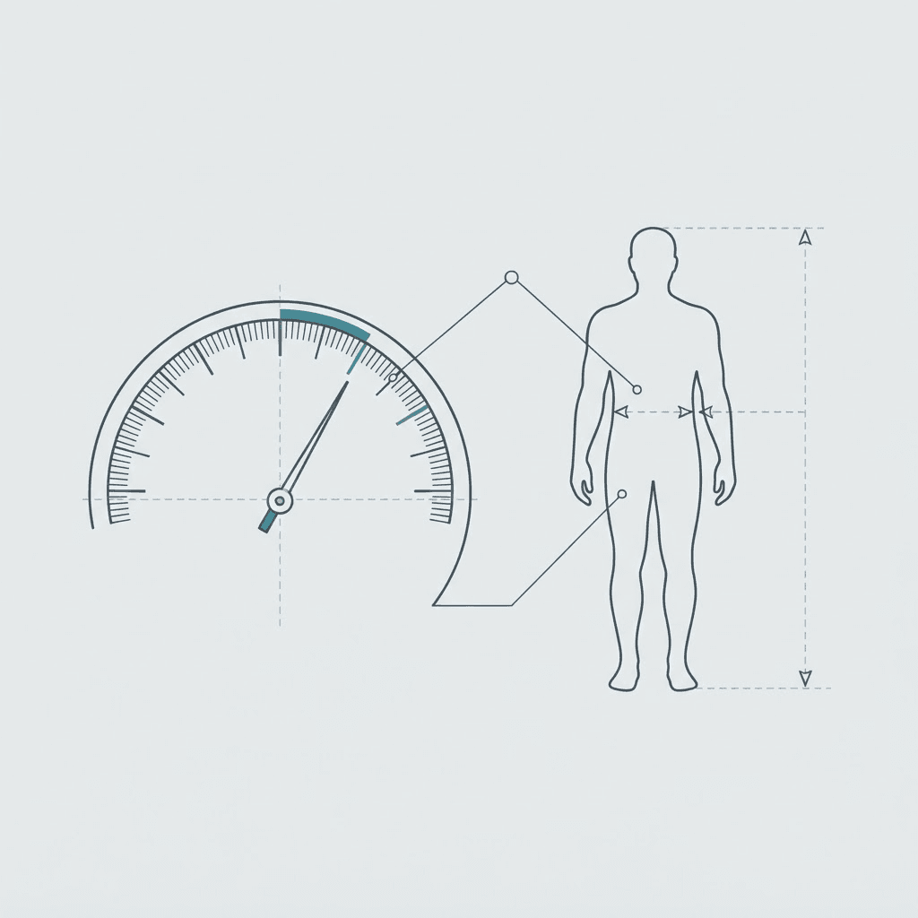 Schematic of a BMI gauge beside a standing figure with height and waist dimension lines marked.