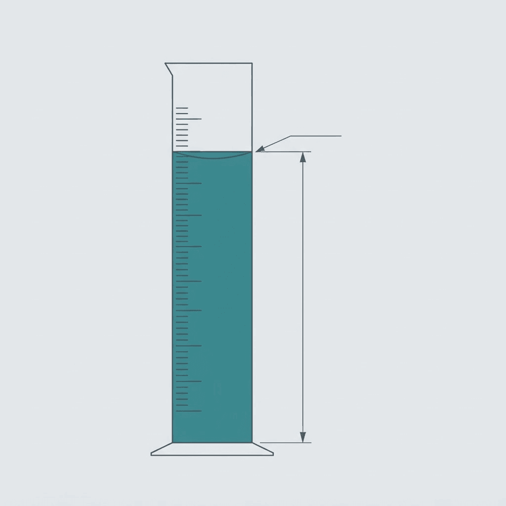 Schematic of a graduated measuring cylinder filled two-thirds high, with a meniscus line across the fill and a dimension line spanning its height.